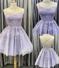 2024 Vestidos de fiesta cortos de color lila Vestidos de fiesta de encaje Apliques morados