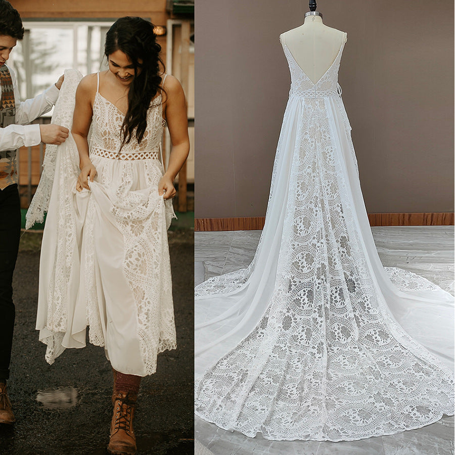 Simple Bohemian Wedding Dresses Lace V Neck Beach Maxi Dresses MyChicDress