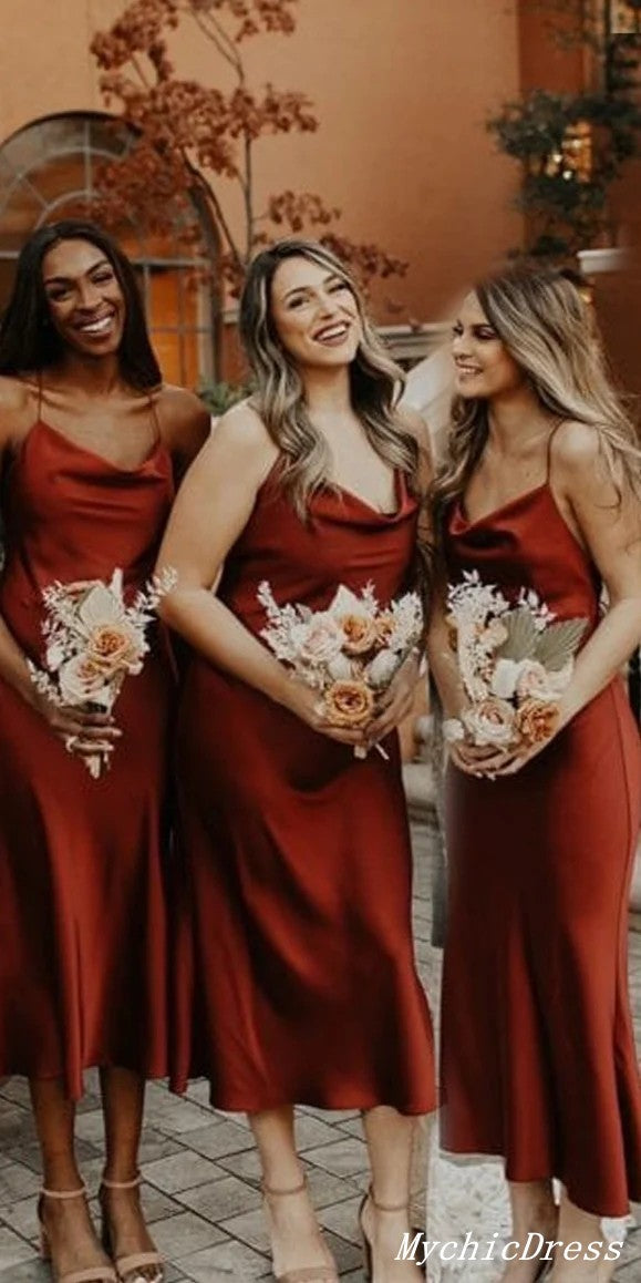 Simple Cheap Rust Bridesmaid Dresses UK Midi Wedding Guest Dresses MyChicDress