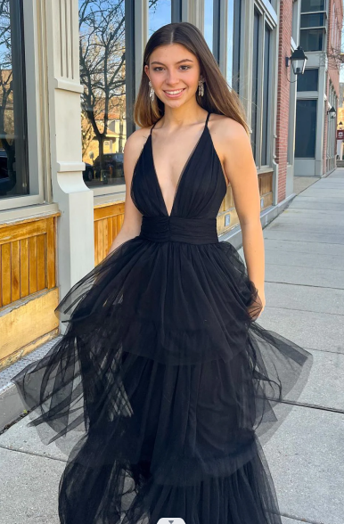 Simple Deep V Neck Tulle Black Tiered Prom Dresses Summer Maxi Dress for Women MyChicDress