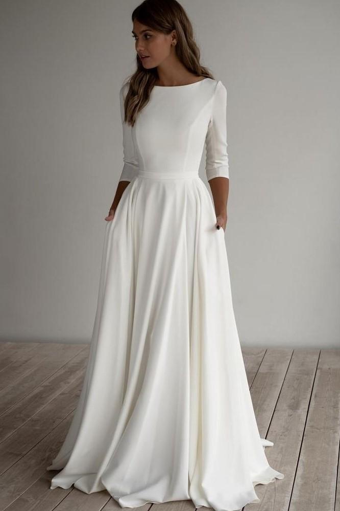 Simple Floor Length 3/4 Sleeves Satin Wedding Dresses with Pockets MyChicDress