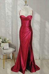 Simple Long Satin Formal Wear Red Straps Sheath Evening Prom Dresses MyChicDress