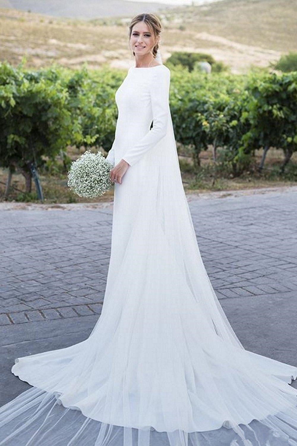 Simple Long Sleeves White Beach Wedding Dresses Low Back MyChicDress