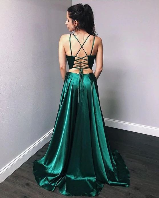 Simple Princess Emerald Green Prom Dresses UK Two Pieces V-Neck Party Dress MyChicDress