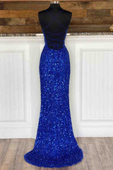 Simple Royal Blue Glitters Prom Dresses Long High Slit Party Formal Dress Lace-Up MyChicDress