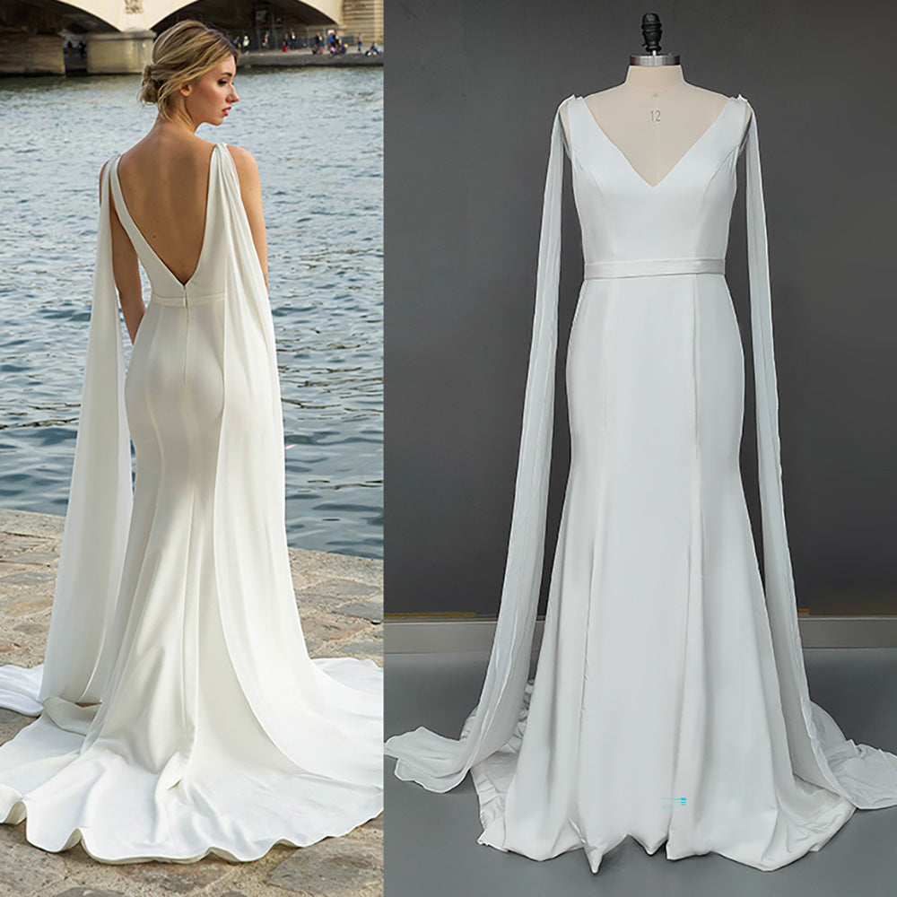 Simple Soft Satin V Neck Mermaid Minimalist Wedding Dresses Long Beach Bridal Dress MyChicDress