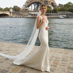 Simple Soft Satin V Neck Mermaid Minimalist Wedding Dresses Long Beach Bridal Dress MyChicDress