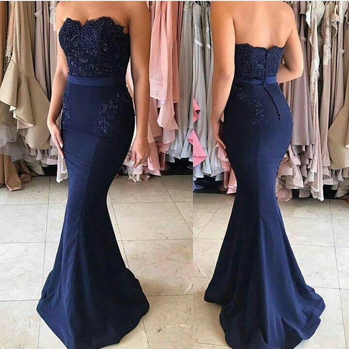 Simple Strapless Mermaid Navy Blue Prom Dresses Beading Appliques - MyChicDress