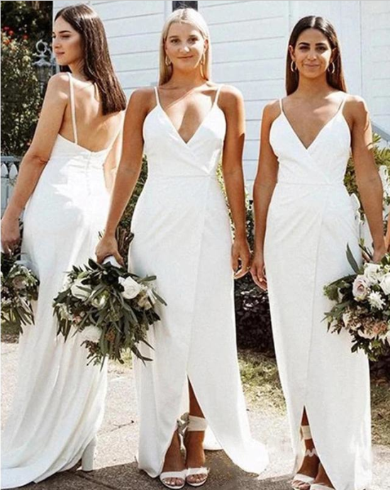 Simple White Bridesmaid Dresses V Neck Sleeveless Boho Wedding Guest Dress MyChicDress