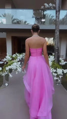 Vestidos de fiesta de color rosa con volantes de tul simples, vestidos de noche formales modestos sin tirantes