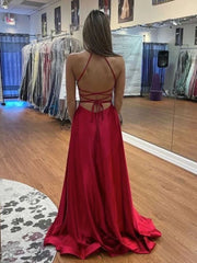 Vestidos de fiesta de satén rojo sencillo, vestido formal largo sin espalda con cuello en V y abertura alta