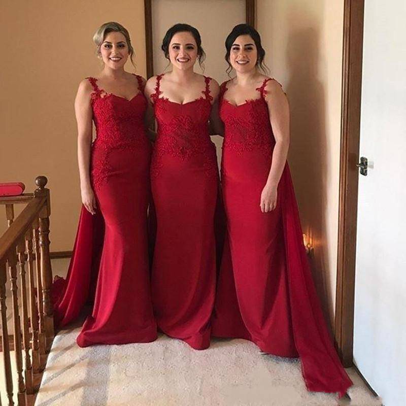 Spaghetti Straps Lace Burgundy Bridesmaid Dresses with Train MyChicDress