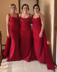 Spaghetti Straps Lace Burgundy Bridesmaid Dresses with Train MyChicDress