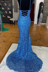 Lentejuelas azules brillantes 2024 Vestidos de fiesta Sirena iridiscente Vestidos formales largos con abertura lateral