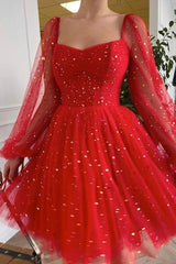 Vestido de fiesta de tul rojo corto brillante Vestido de invitados de boda de manga larga