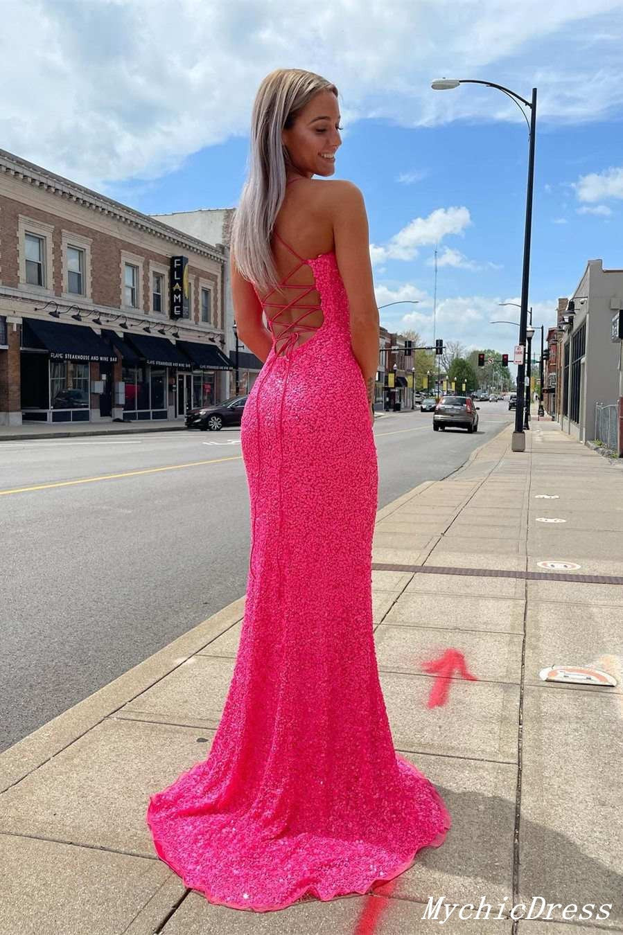 Sparkling Hot Pink Sequin Prom Dresses Spaghetti Straps with Slit MyChicDress