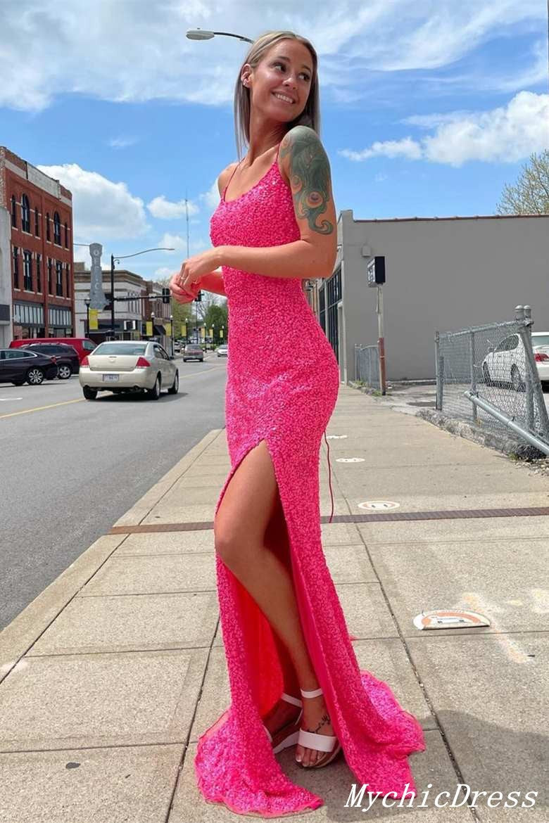 Sparkling Hot Pink Sequin Prom Dresses Spaghetti Straps with Slit MyChicDress