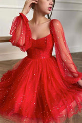Vestido de fiesta de tul rojo corto brillante Vestido de invitados de boda de manga larga