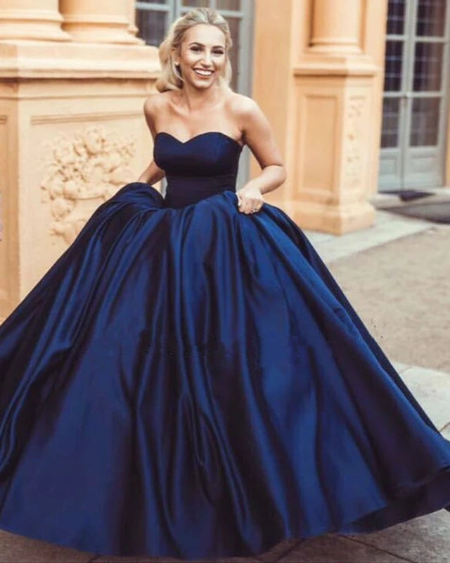 Sweetheart Ball Gown Navy Blue Wedding Dresses Satin Sweet 16 Dress MyChicDress