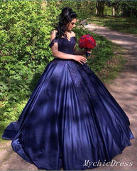 Sweetheart Navy Blue Lace Prom Dresses Ball Gown off Shoulder Quinceanera Dress MyChicDress