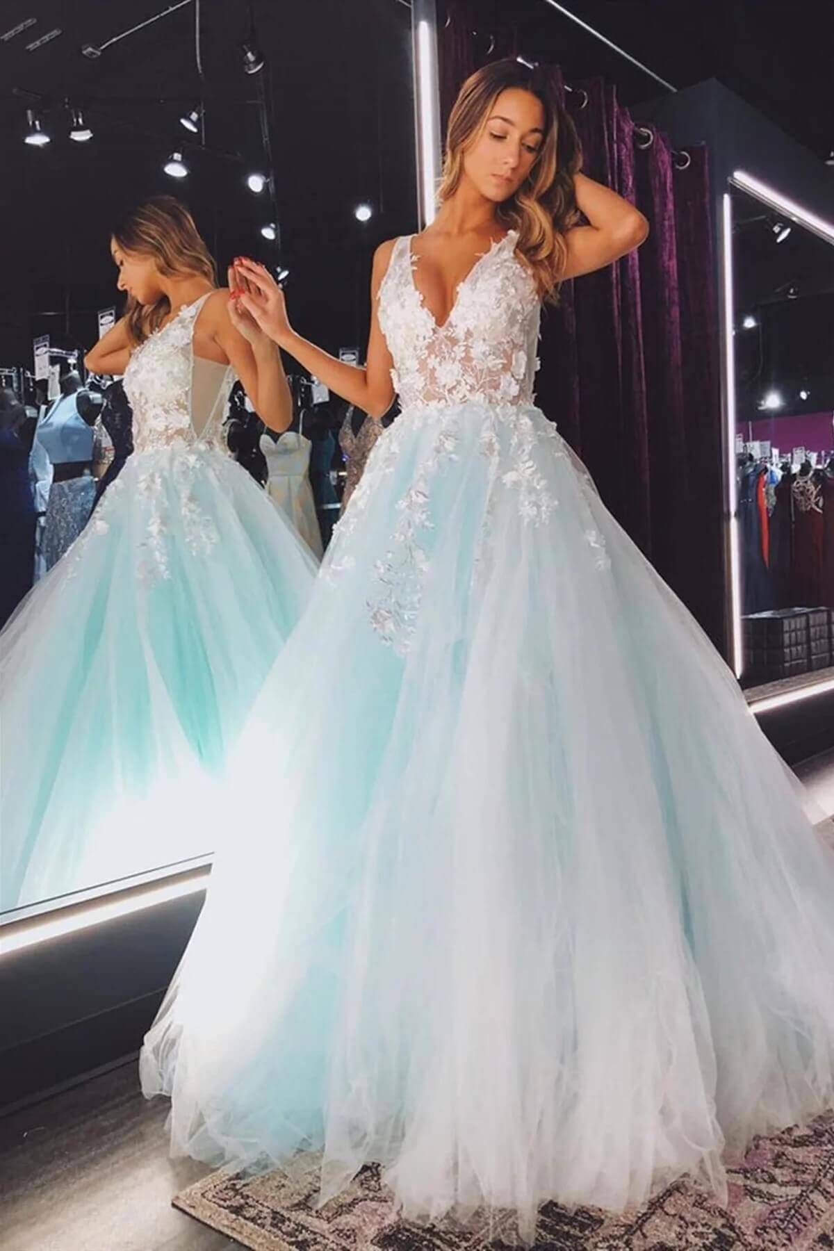 Teal Lace Prom Dresses 3D Flowers Floral V Neck Long Formal Evening Dresses MyChicDress