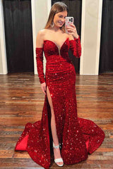 Unique Red Mermaid V Neck Prom Dresses Long Sleeves Sweetheart with Split MyChicDress