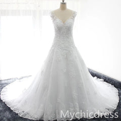 V Neck Lace Appliques Sequins Wedding Gowns Cap Sleeves MyChicDress