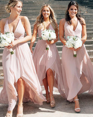 V Neck Split Chiffon Simple Halter Bridesmaid Dresses - MyChicDress