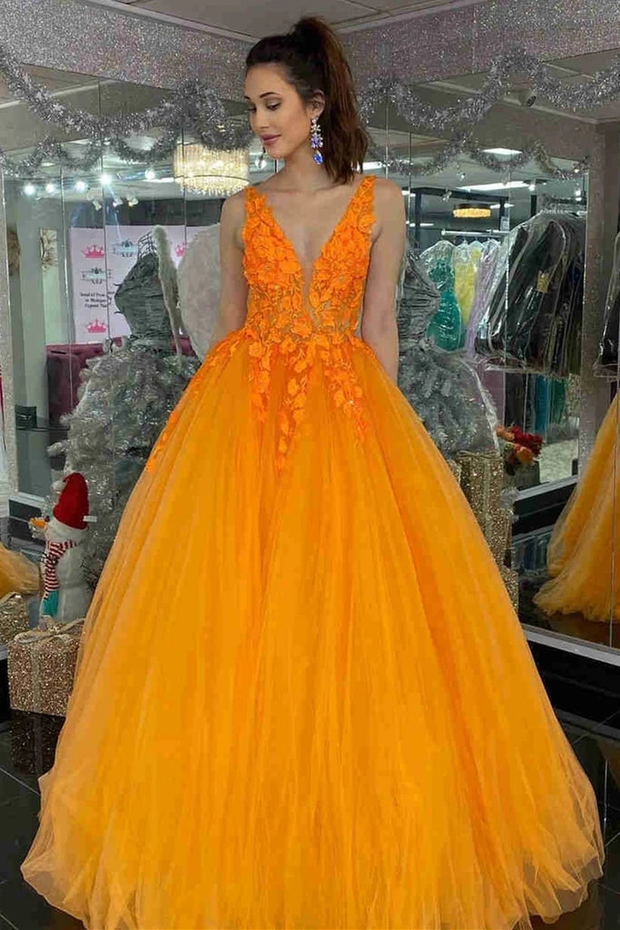 Orange Lace Prom Dresses Floral V Neck Formal Evening Dress