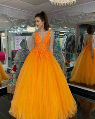 Orange Lace Prom Dresses Floral V Neck Formal Evening Dress