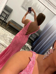 2024 Vestidos de fiesta de encaje rosa Vestidos formales largos de sirena con cuello en V
