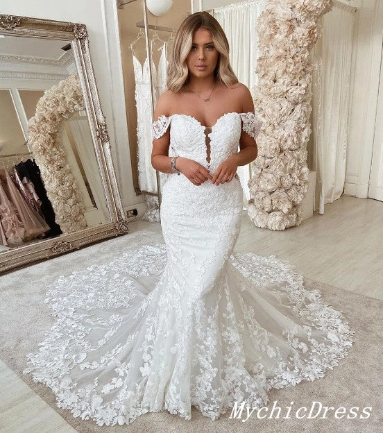Vintage Lace White Wedding Dresses Embroidery Off the Shoulder Bridal Gown MyChicDress