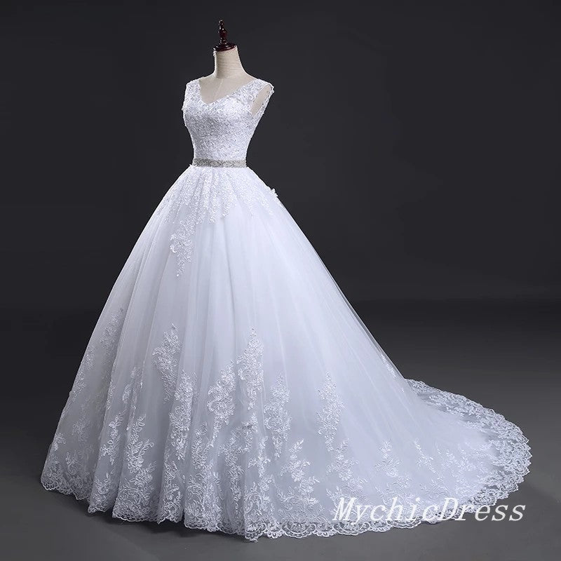 Vintage Wedding Dresses A Line Lace Apllique Bridal Gown Crystal Belt MyChicDress