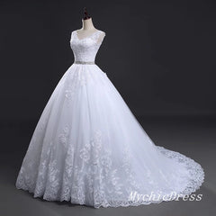 Vintage Wedding Dresses A Line Lace Apllique Bridal Gown Crystal Belt MyChicDress