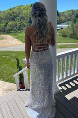 White Iridescent Sequins Formal Dress Long Backless Mermaid Prom Dresses MyChicDress