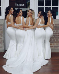 White Satin Bridesmaid Dresses Mermaid Square Floor Length Wedding Guest Dress MyChicDress