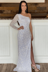 White Sequin Prom Dresses Iridescent Glitter One Shoulder Long Formal Dress with Sleeves MyChicDress