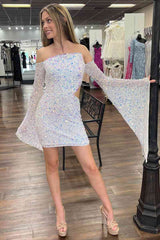 White Short Homecoming Dress Long Puff Sleeves Fitted Sequins Prom Dress MyChicDress