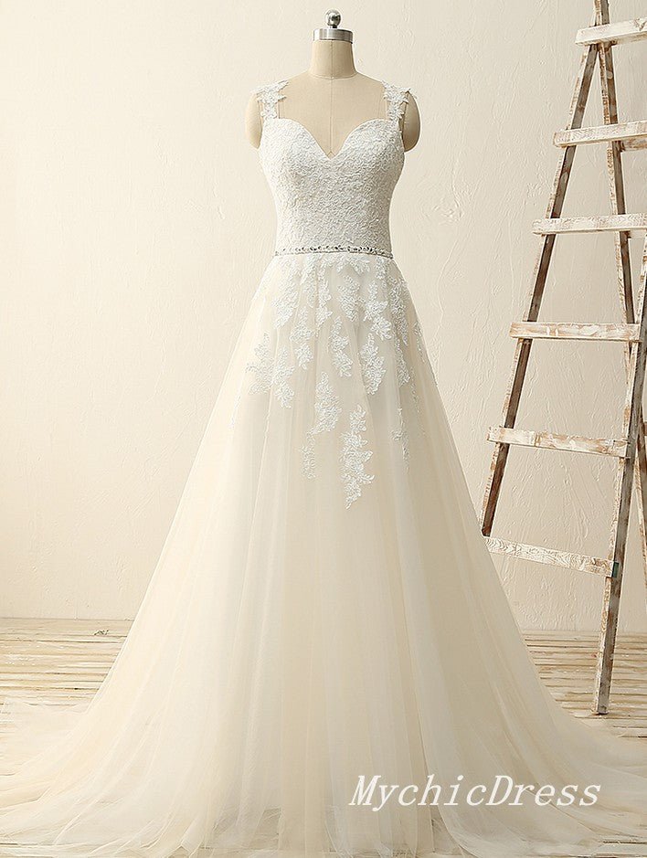 A Line Lace Ivory Boho Wedding Dresses Sweetheart Sleeveless - MyChicDress