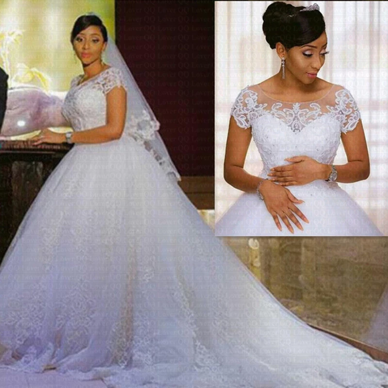 Lace African Wedding Dresses Sequins A Line Scoop Short Sleeves