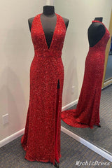 2024 Vestidos largos de fiesta con lentejuelas y cuello en V, vestido de noche rojo con abertura