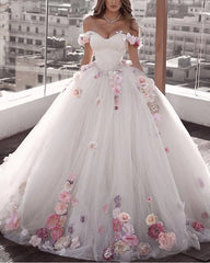 Vestido de novia con hombros descubiertos y flores florales, vestidos de novia de tul con cuentas