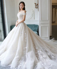 Precioso vestido de novia de encaje con hombros descubiertos, vestido de novia vintage de tul