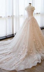 Precioso vestido de novia de encaje con hombros descubiertos, vestido de novia vintage de tul