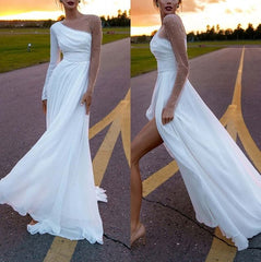 Una línea de gasa y perlas, vestidos de novia de playa de manga larga, Blanco