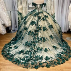 Nuevo vestido para quinceañeras verde esmeralda con hombros descubiertos, vestido de fiesta dulce de 15 años con flores en 3D, 2024