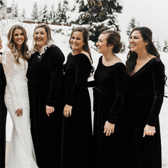 Vestidos de dama de honor de terciopelo negro de manga larga hasta el suelo de invierno