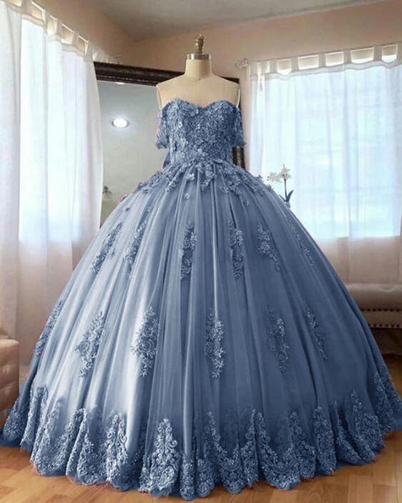  Lace Quinceanera Dresses Dusty Blue Ball Gowns Sweet 16 Dress