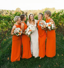 Vestidos de dama de honor naranja baratos, tirantes largos, gasa sin mangas