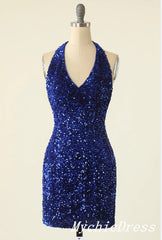 Barato 2024 Halter Royal Blue vestidos de fiesta Mini vestido de cóctel brillante ajustado